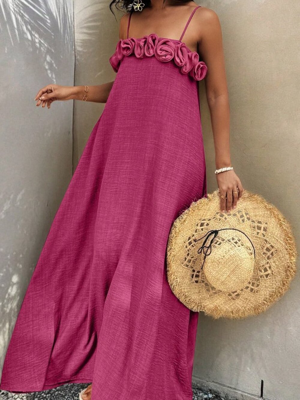 Rose Red Casual Women's 3d Flower A-Line Long Strap Dress - Picture 5 of 6